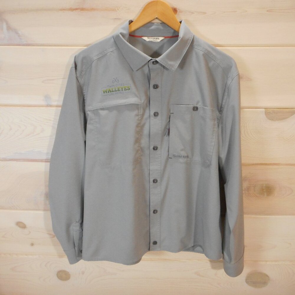 Simms Men's Large Gray Long Sleeve Shirt Button Up Outdoors Vented Fishing